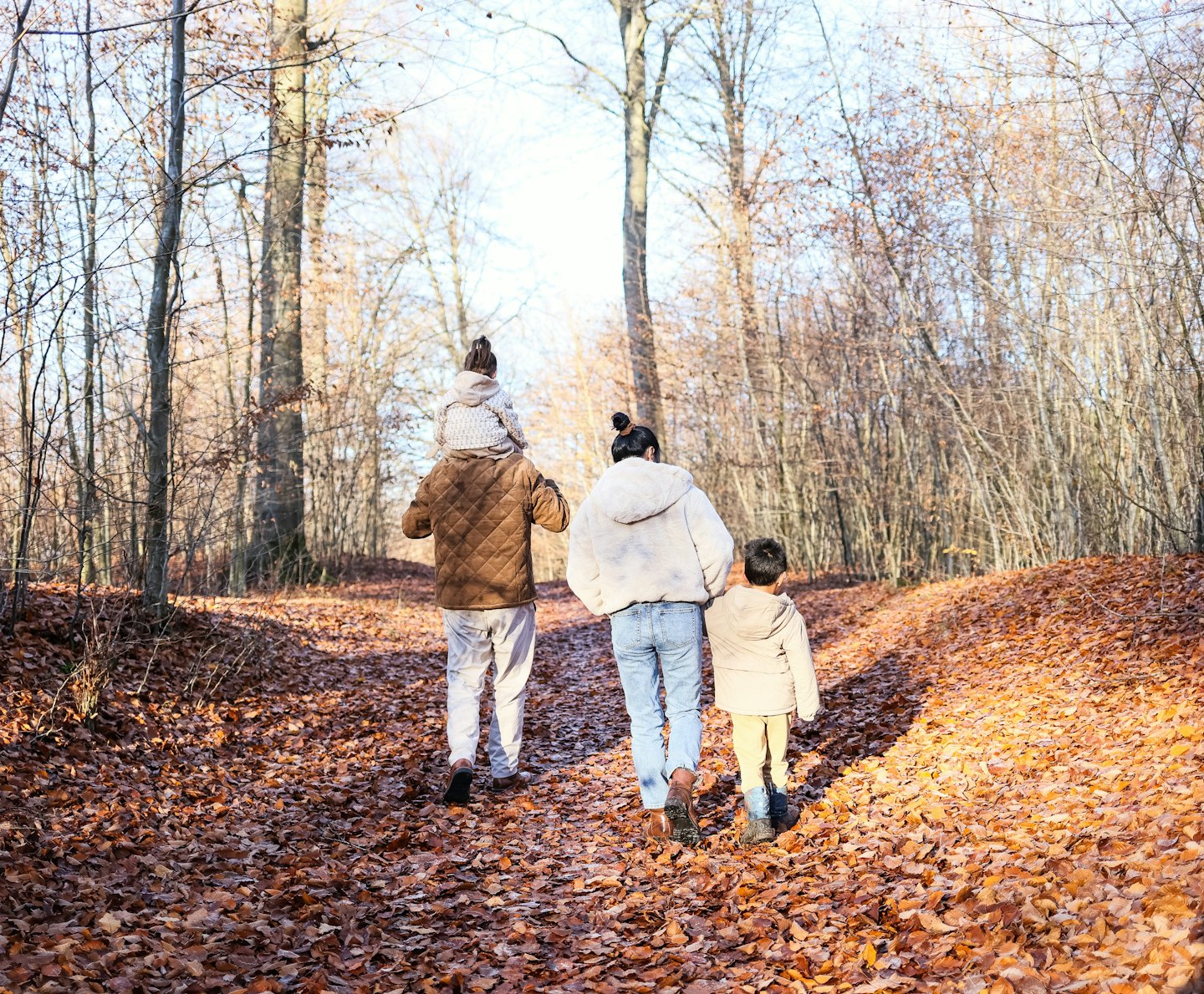 Family walks through autumn forest with golden leaves on path.