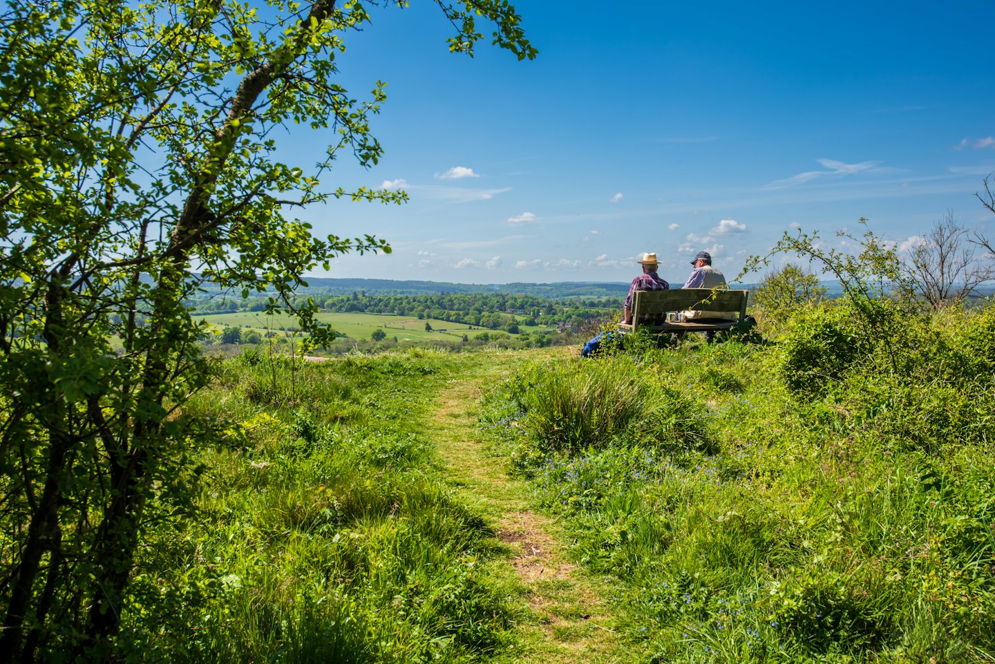 Two people sit on a bench overlooking a green valley.
